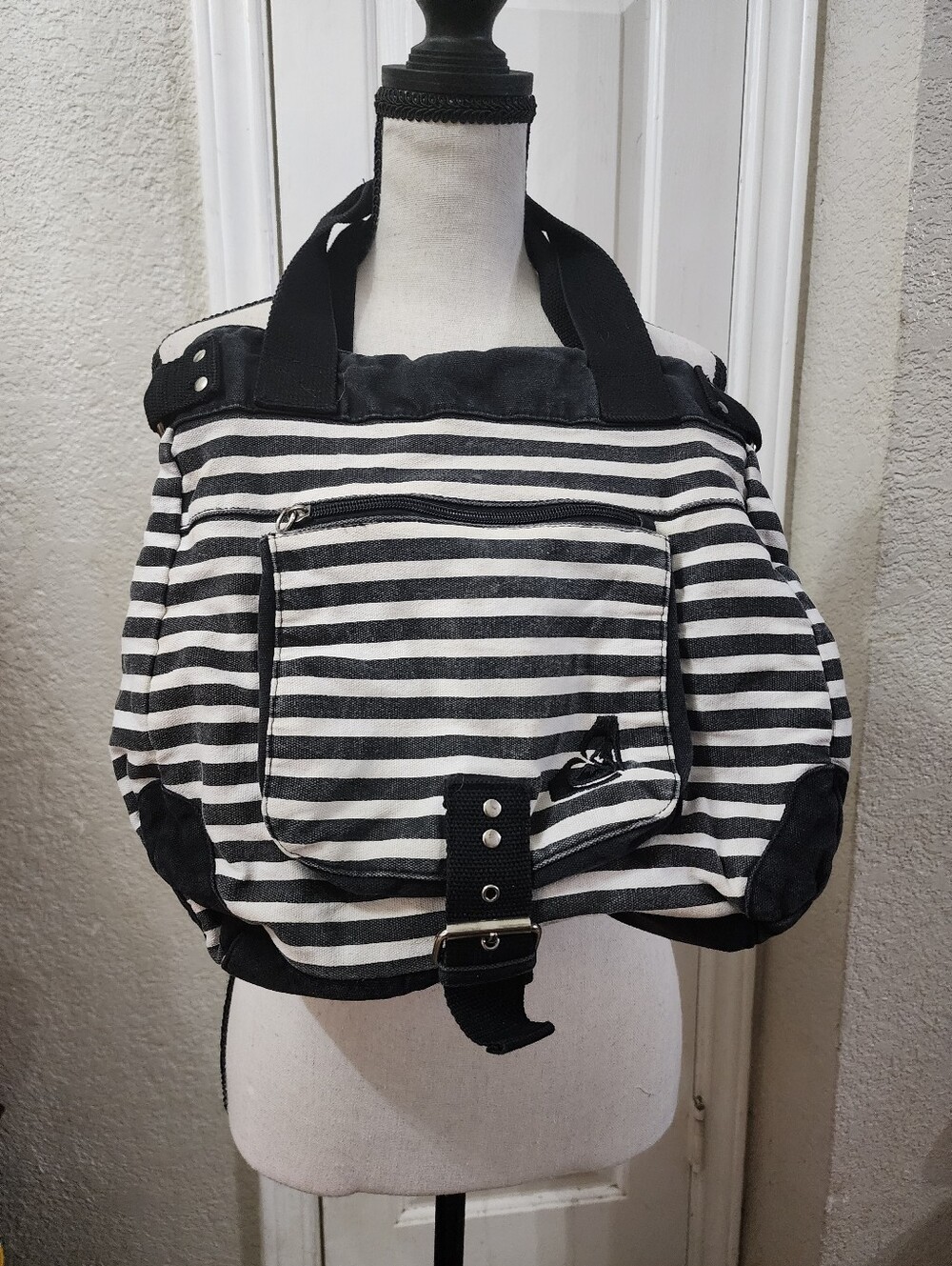 Vintage Roxy Striped Black and White Canvas Tote Bag - Women’s Shoulder Bag